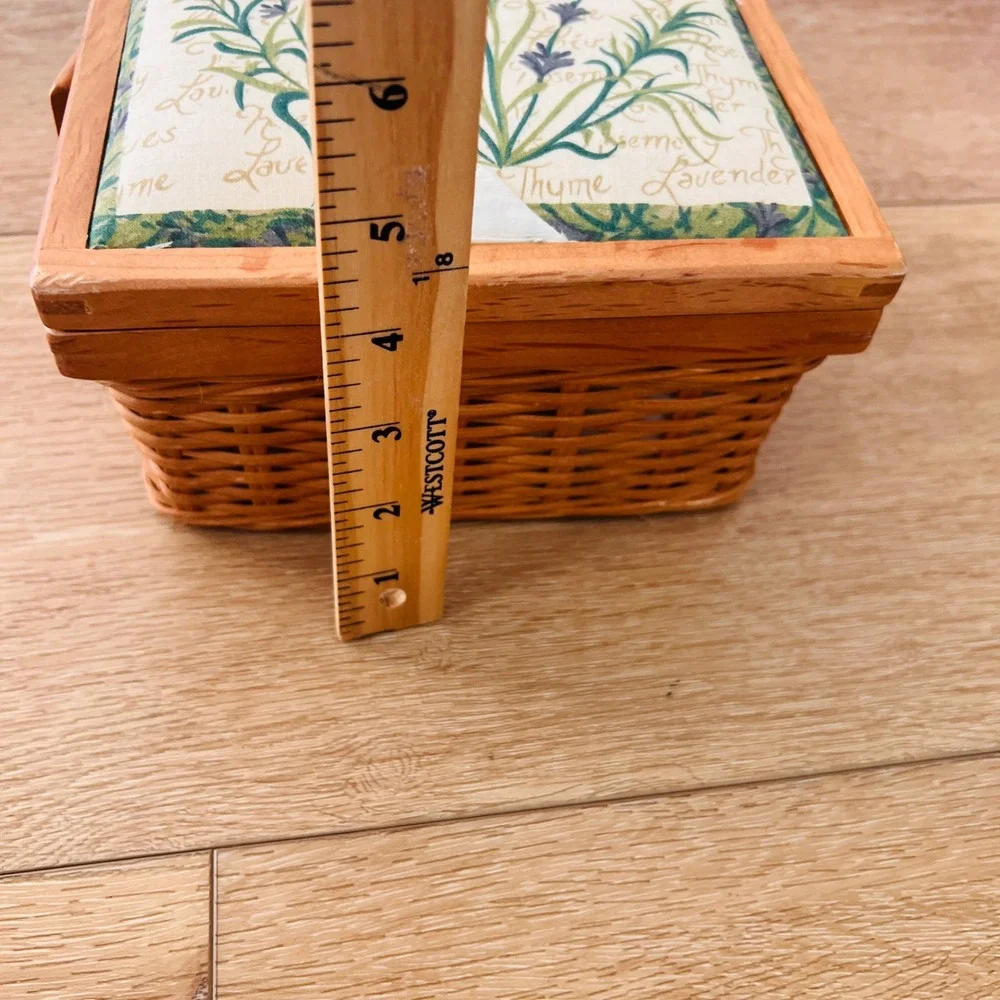 Vintage Woven Wicker Sewing Basket Lavender Thyme Botanical Print Wood Trim Box